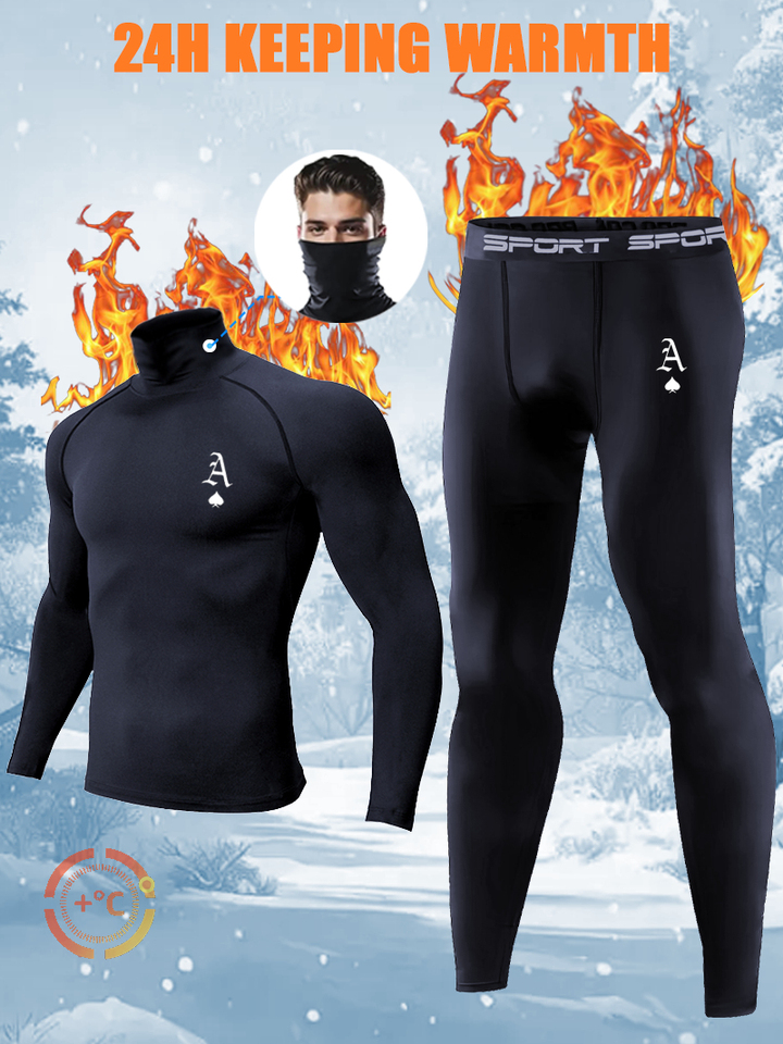 1-Piece Men’s Ultra-High Neck Black A-Print Fleece Compression Suit, Half-Face Cover Thermal Collar, Warm Stretch Winter Outdoor