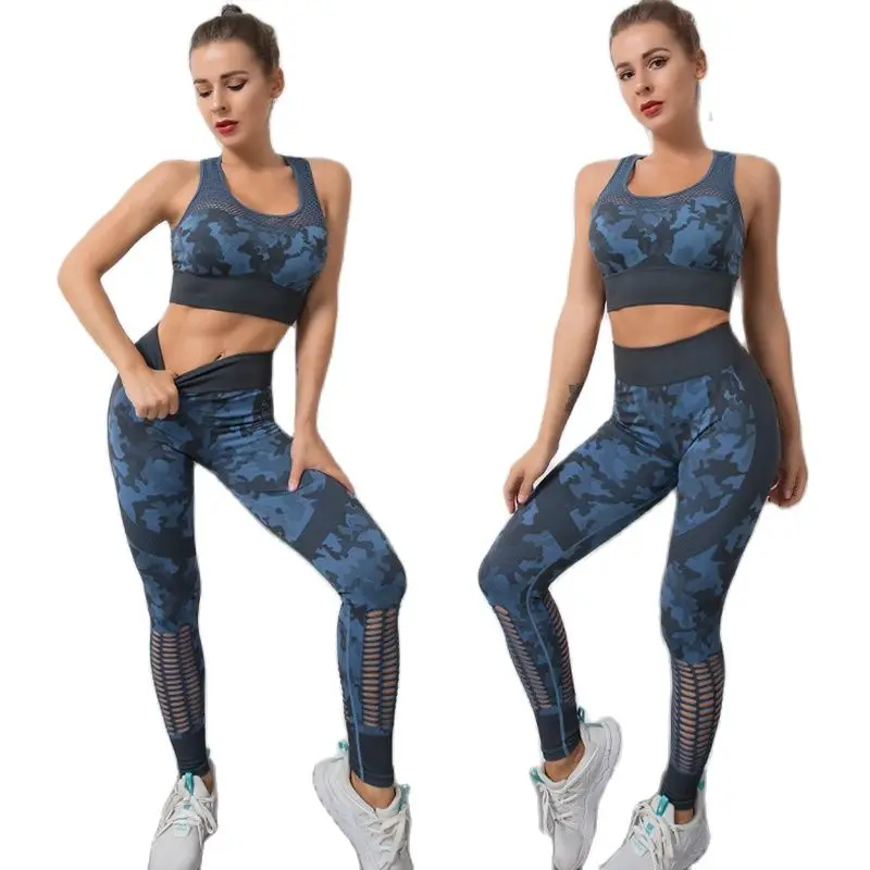 2 Piece Set Yoga Set Seamless Workout Clothing Women Hollow Camouflage