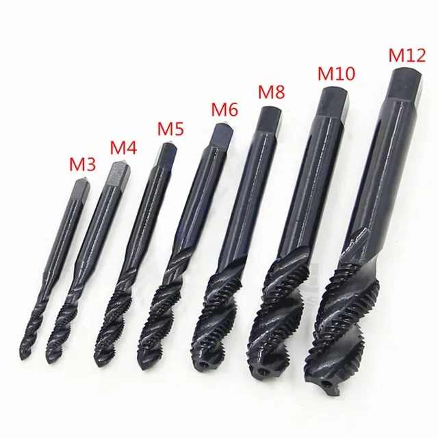 7개 세트 HSS6542 3mm 4mm 5mm 6mm 8mm 10mm 12mm 기계 나사탭, 미터법 나사산, 나선형 플루트 핸드 탭 드릴, 질화 처리된 플러그 탭