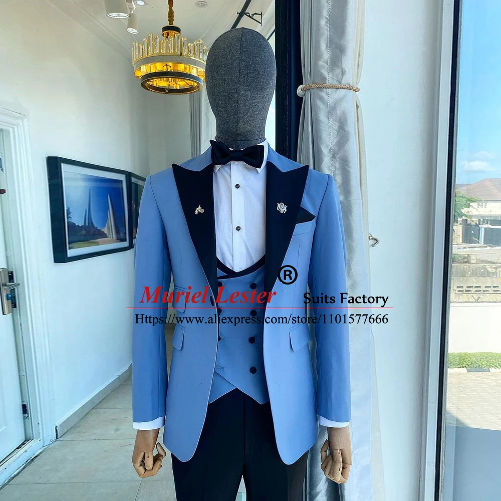 

Wedding Tuxedo Black Lapel Blue Suits Men Slim Fit 3 Pieces Blazer Sets Groomsman Evening Dinner Party Man Clothes Tailored Made