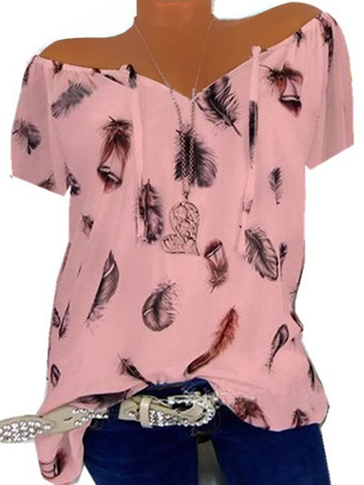 

Fashion 5XL Plus Large Size Women's Blouses Summer Tops New Leisure Blouse White Loose Feather Print V Neck Short Sleeve Shirts