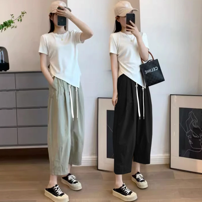 M-3XL Maternity Summer Trousers Solid Color Drawstring Waist Ankle-length Pants Loose Casual Pregnant Woman Capris with Pockets 2