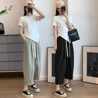 M-3XL Maternity Summer Trousers Solid Color Drawstring Waist Ankle-length Pants Loose Casual Pregnant Woman Capris with Pockets 2