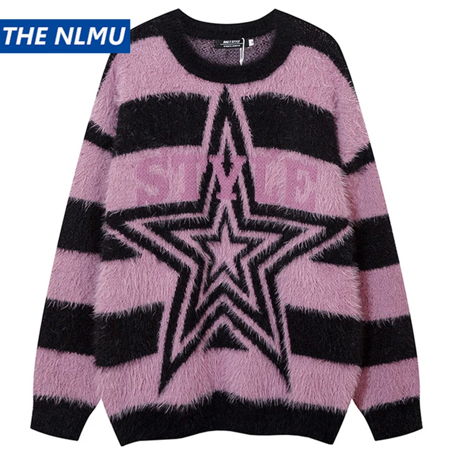 

2023 Men Autumn Winter Sweater Striped Star Pullover Knitwear Harajuku Oversized Hip Hop Streetwear Sweater Y2K Jumper Black