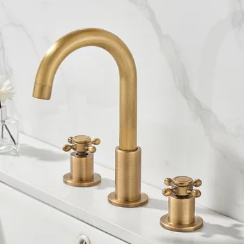 ก๊อกสามหลุมทองเหลืองโบราณสไตล์ยุโรปสำหรับอ่างล้างหน้าห้องน้ำห้องน้ำแบบย้อนยุคอ่างล่างหน้าด้วยมือก๊อกน้ำร้อนและน้ำเย็น YK-007 2