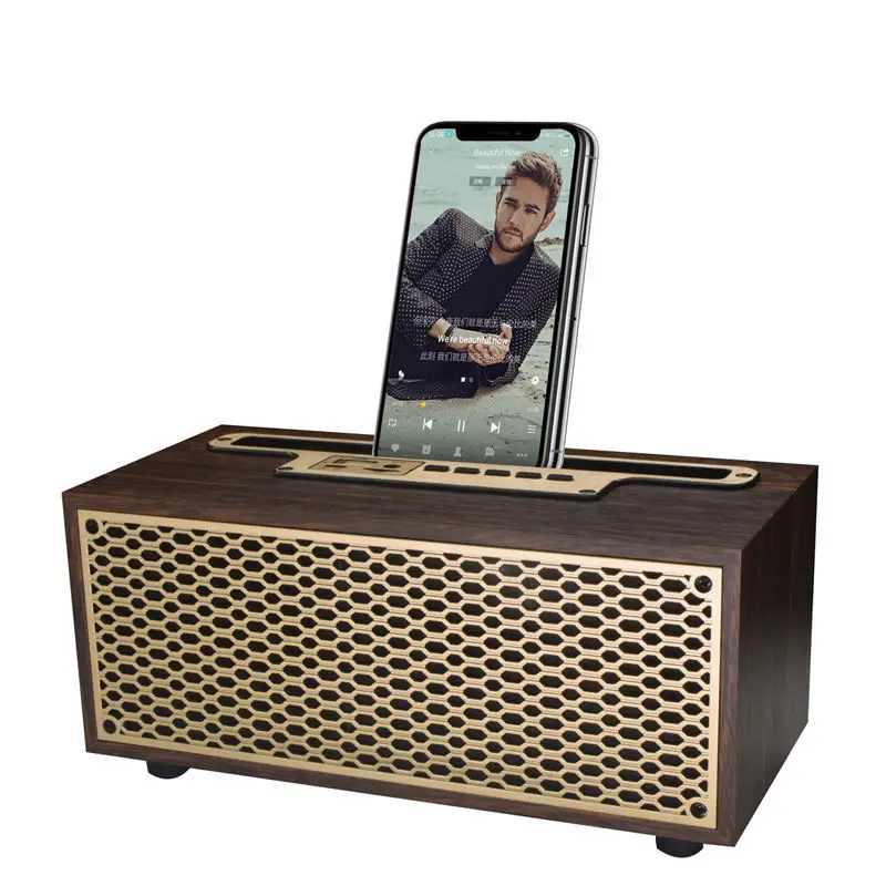FM/AM Vintage Wood Grain Bluetooth Speaker TWS Wireless Subwoofer Portable Radio Stereo Mobile Phone Stand