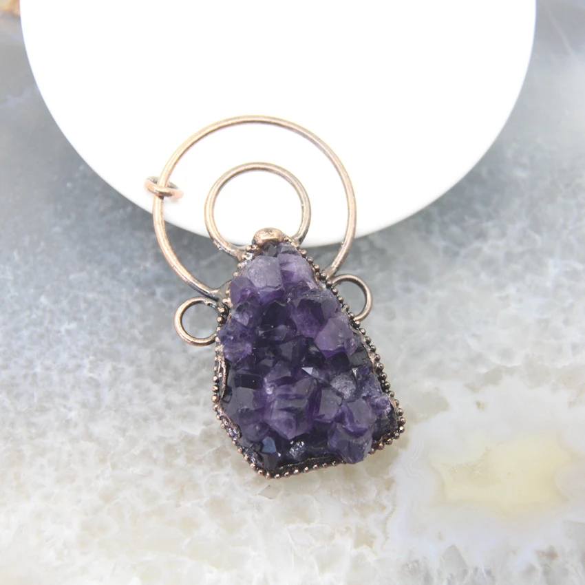 Large Amethysts Druzy Soldered Bronze Pendant,Bohemia Antique Copper Quartz Geode Charms Viintage Retro Necklace Jewelry Making