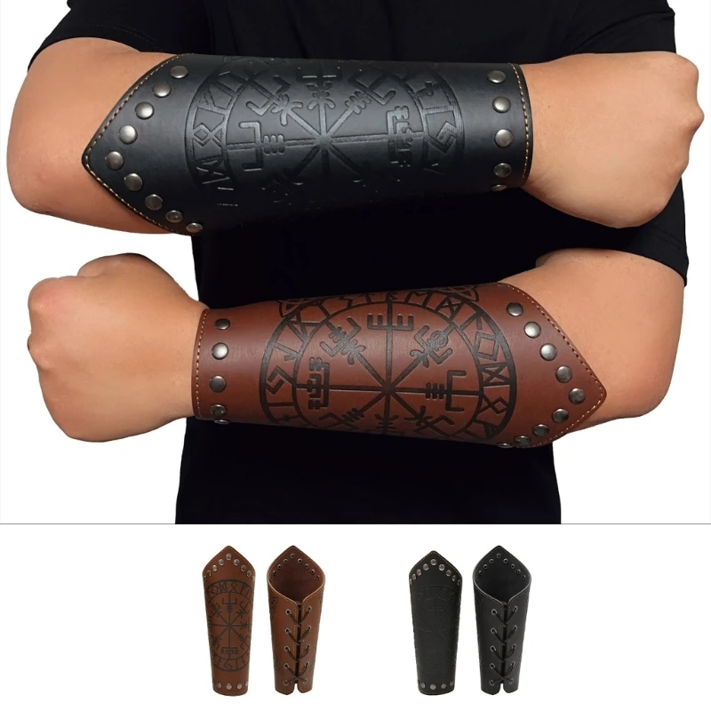 

Embossed Pattern Wrist Guard Men Cosplay Vintage Knight Wristbands Adjustable Metal Hole Gauntlets Gothic Wrist Armors DXAA