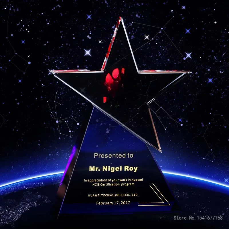 Customized Transparent Crystal Trophy with Gift Box, Creative High-End, Five-Star Blue, Excellent Student Prize, Home Decor, 1Pc