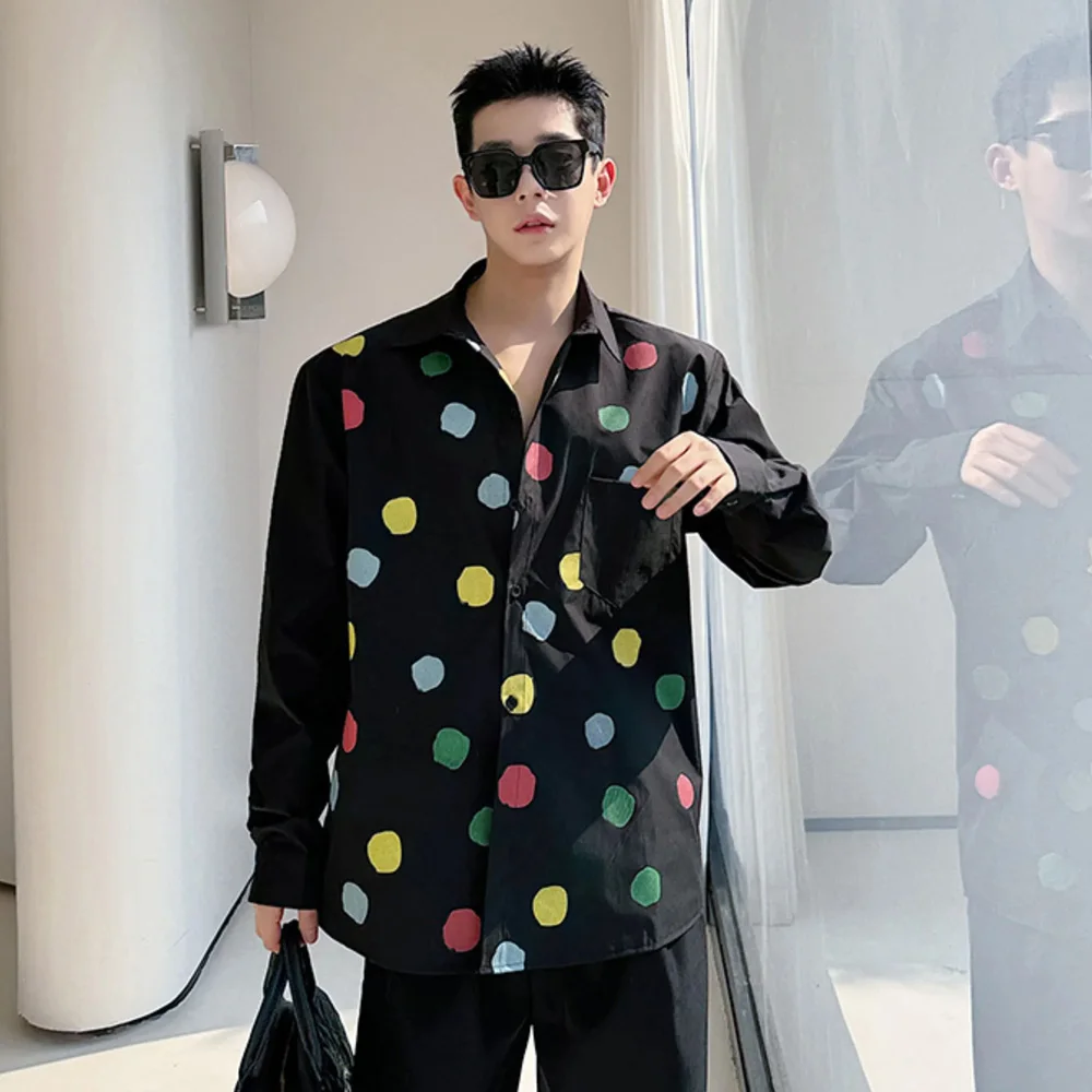 

Casual Shirts Men Multicolour Dots Korean Streetwear Fashion Loose Long Sleeve Party Dress Shirts Blouses Man Clothes