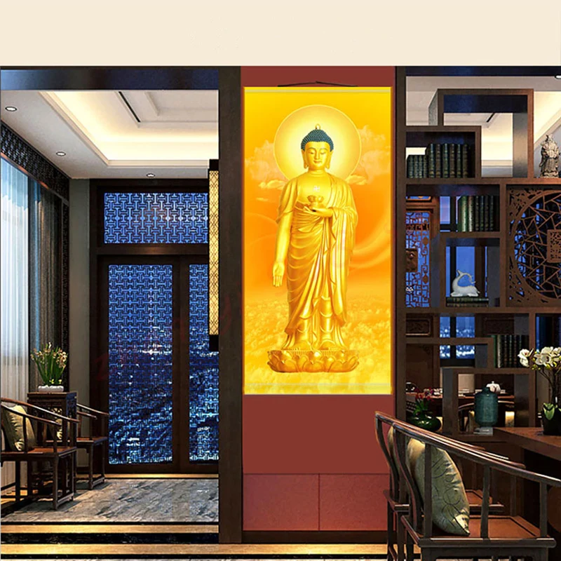 

Golden body Amitabha Buddha portrait / religious Feng Shui silk scroll hanging painting / auspicious hanging painting