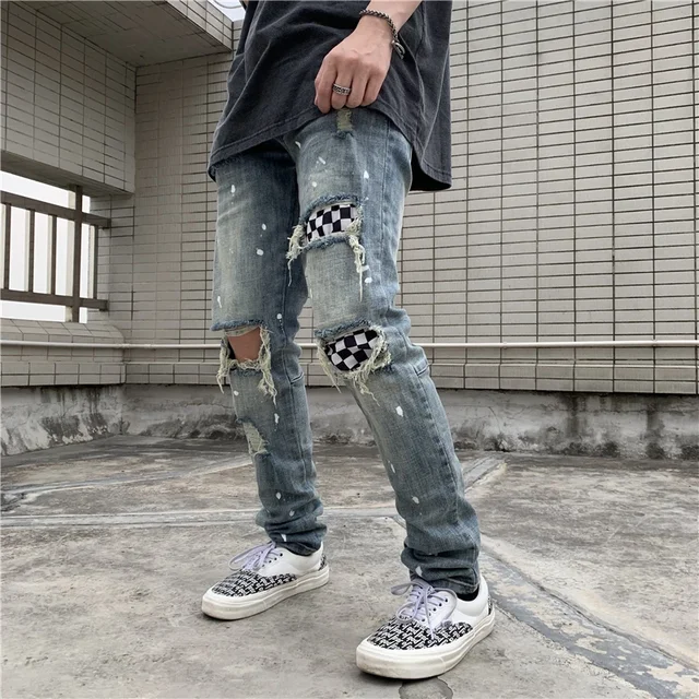 Dark Icon Ripped Plaid Patch Jeans Men High Street Ankle Zipper Men's Jeans  Regular Style Destroyed Denim Pants Men