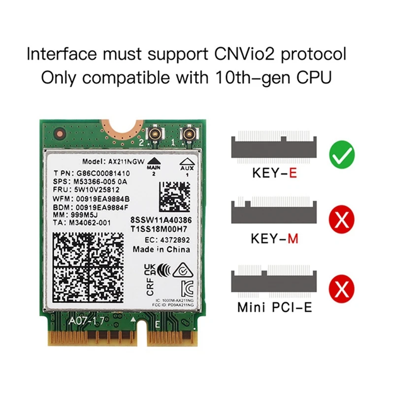 AX211NGW WiFi 6E 트라이 밴드 2.4G/5G/6Ghz 무선 네트워크 와이파이 카드 블루투스 5.3 AX211 M.2 CNVio 와이파이 무선 카드-ELEC