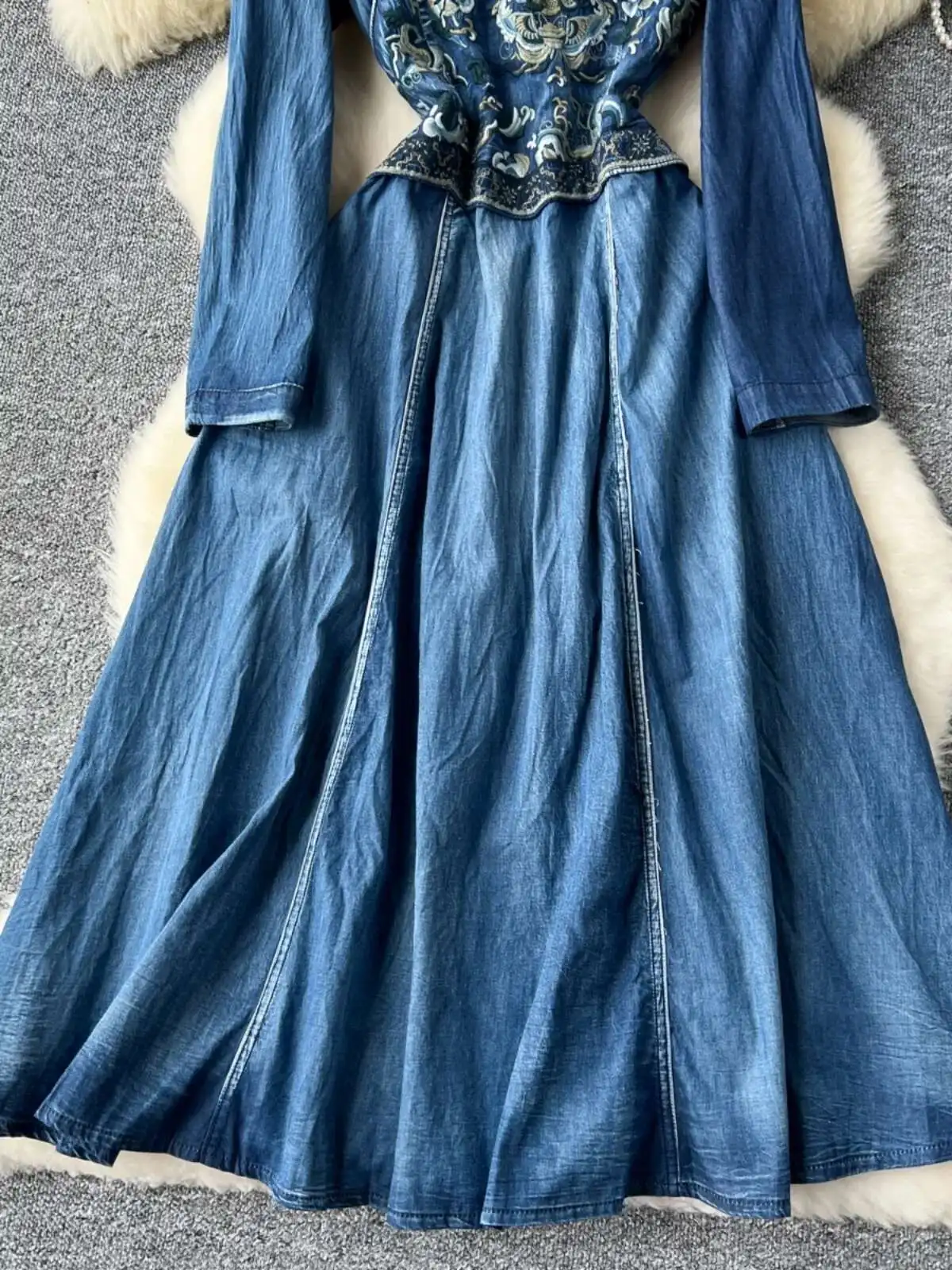 Chinese Retro Denim Jeans Dress Women's Embroidery Long Sleeve