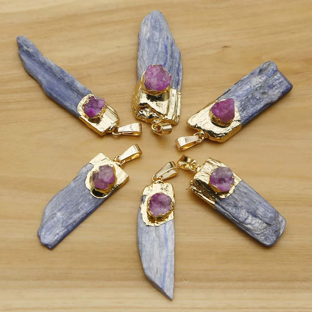 Natural Raw Stone Blue Crystal Strip Pendant Rose Quartz Agate Necklace Mineral Healing Charm Jewelry Accessories Wholesale 8Pcs