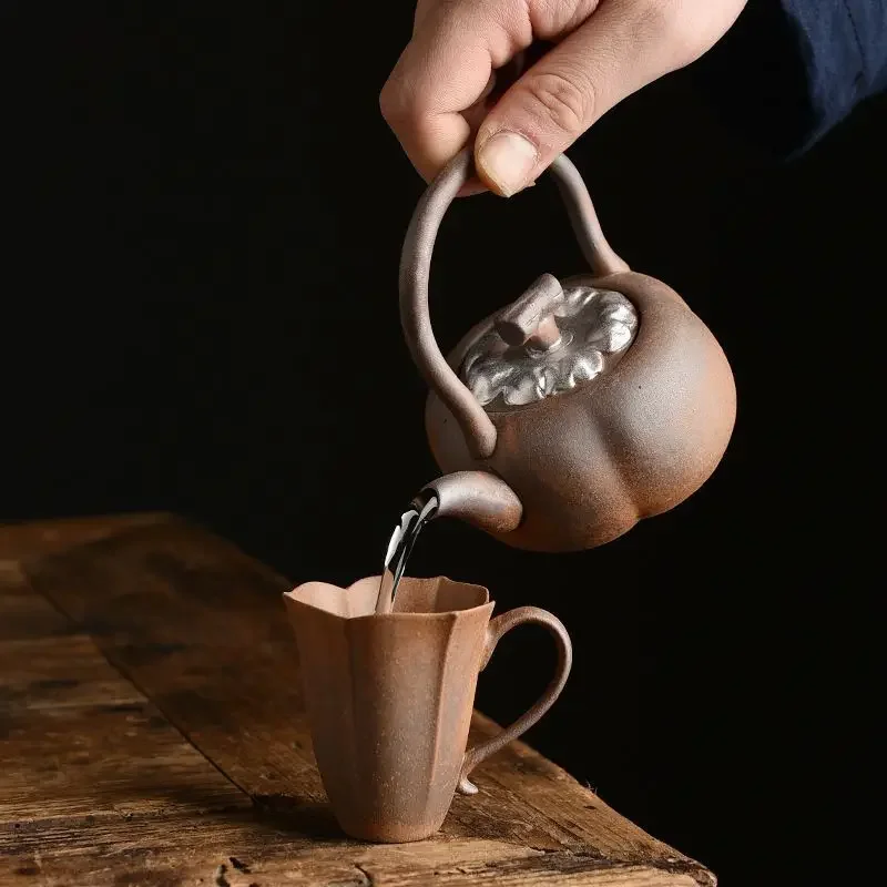 1pc Rough pottery teacup light luxury master cup anti-scald high value petal cup tea cup old rock clay ancient style beauty cups