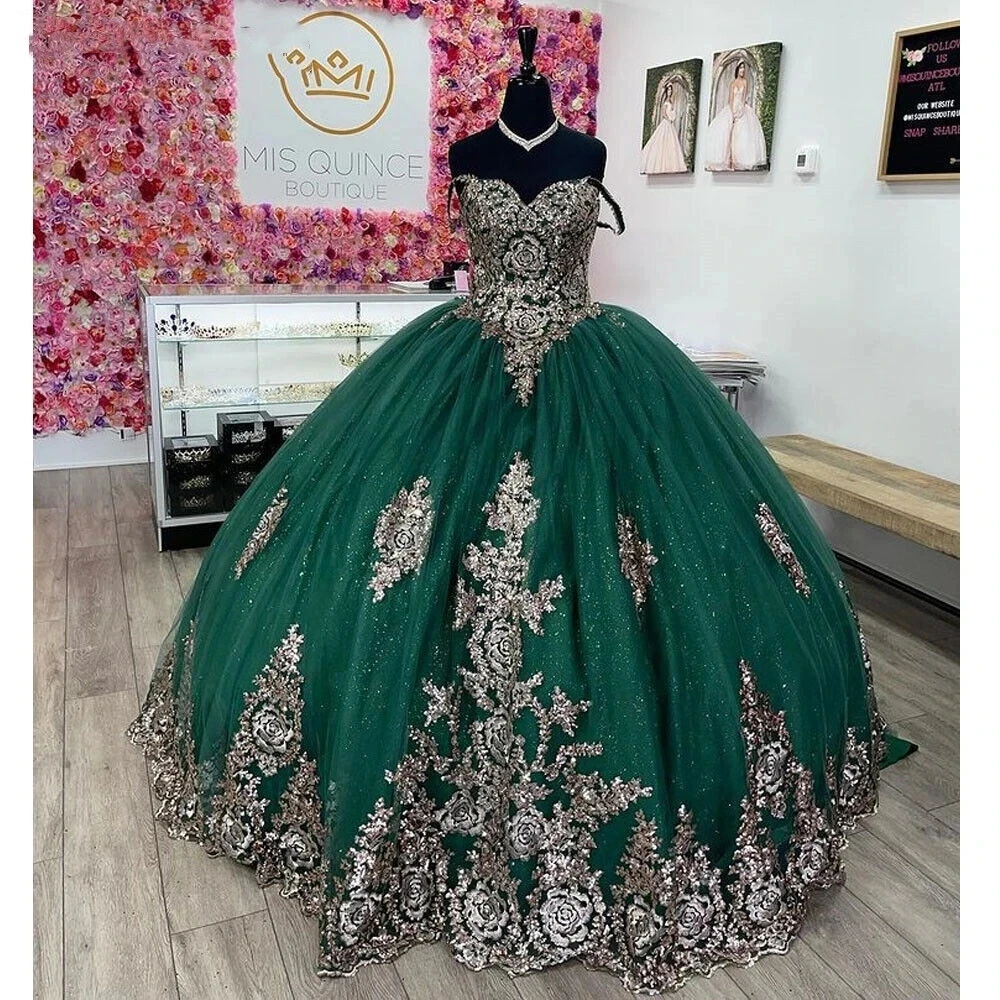 

Angelsbridep Green Ball Gown Quinceanera Dresses Silver Appliques Sweetheart Lace-up Back Pageant Party Gowns Vestido De Noiva