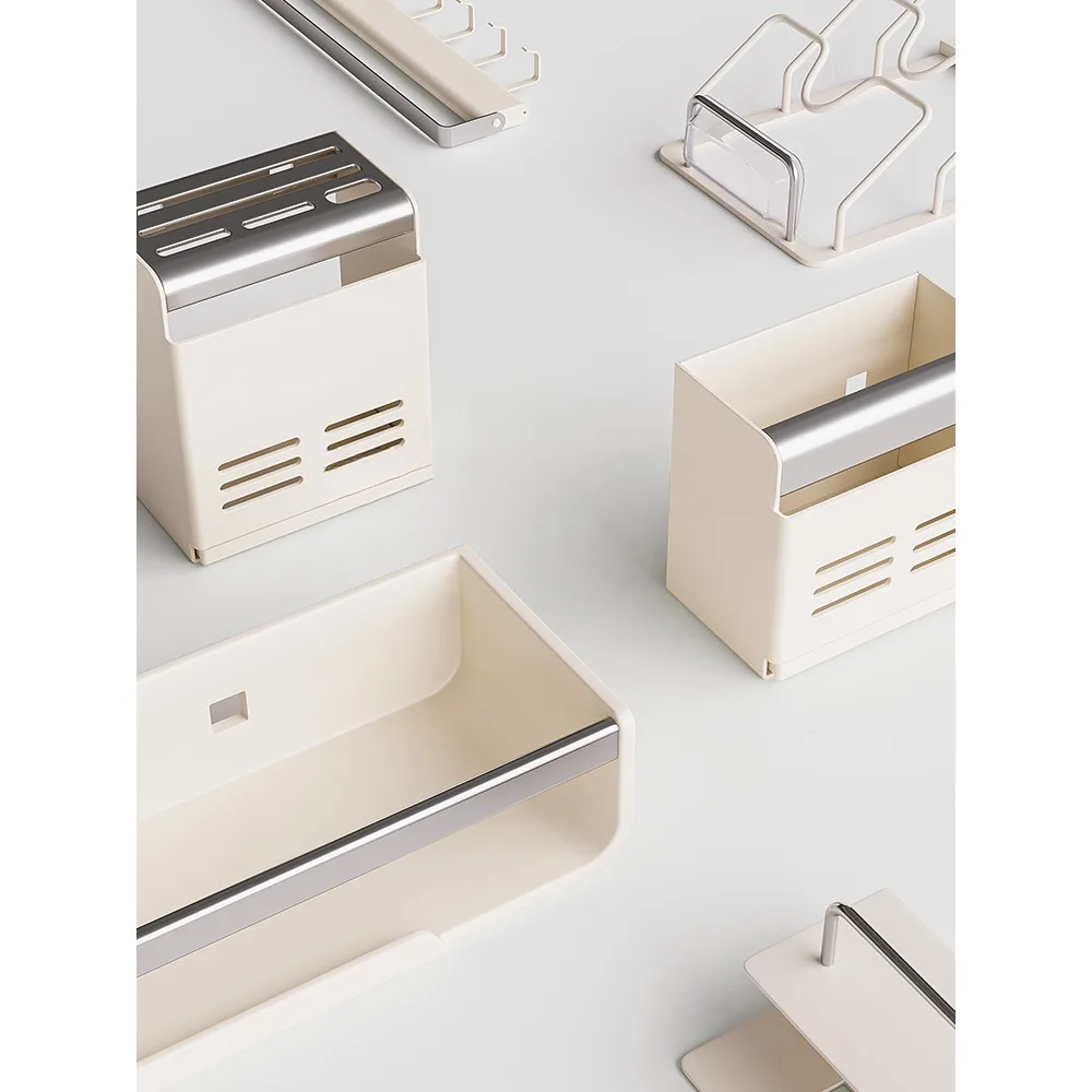 Cream wind kitchen rack, seasoning non-punching wall-mounted multi-layer knife holder, lid, chopsticks, spoons, storage