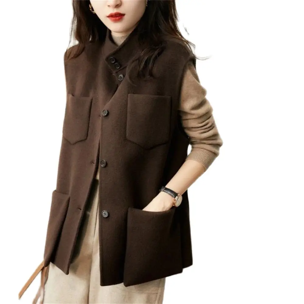 

Autumn Winter Waistcoat Vintage Stand Collar Woolen Vests Coat Ladies Sleeveless Chic Pockets All-match Tank Top Women Jacket