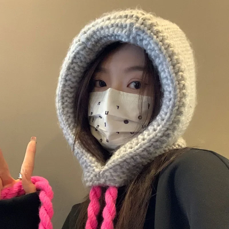 

Handmade Knitted Wool Korea Lace Up Hat Winter Thicken Neck Ear Protection Hooded Shawl Balaclava Hat Scarf Set Cap Accessories