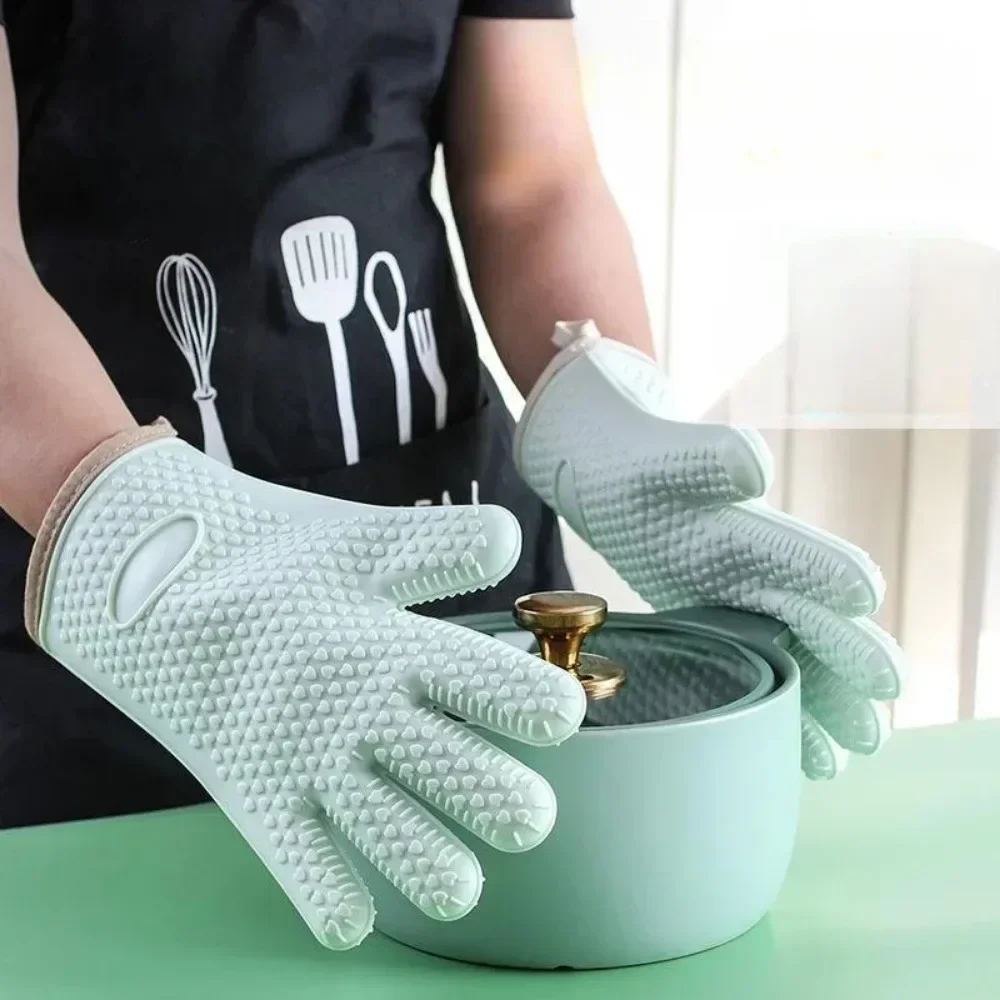 Silicone Oven Mitts, Kitchen Gloves, Silicone Oven Gloves, Silicone Oven Protector, Silicone oven gloves to prevent burns, thick baking mat, heat resistance, insulation, kitchen, microwave, 5 fingers