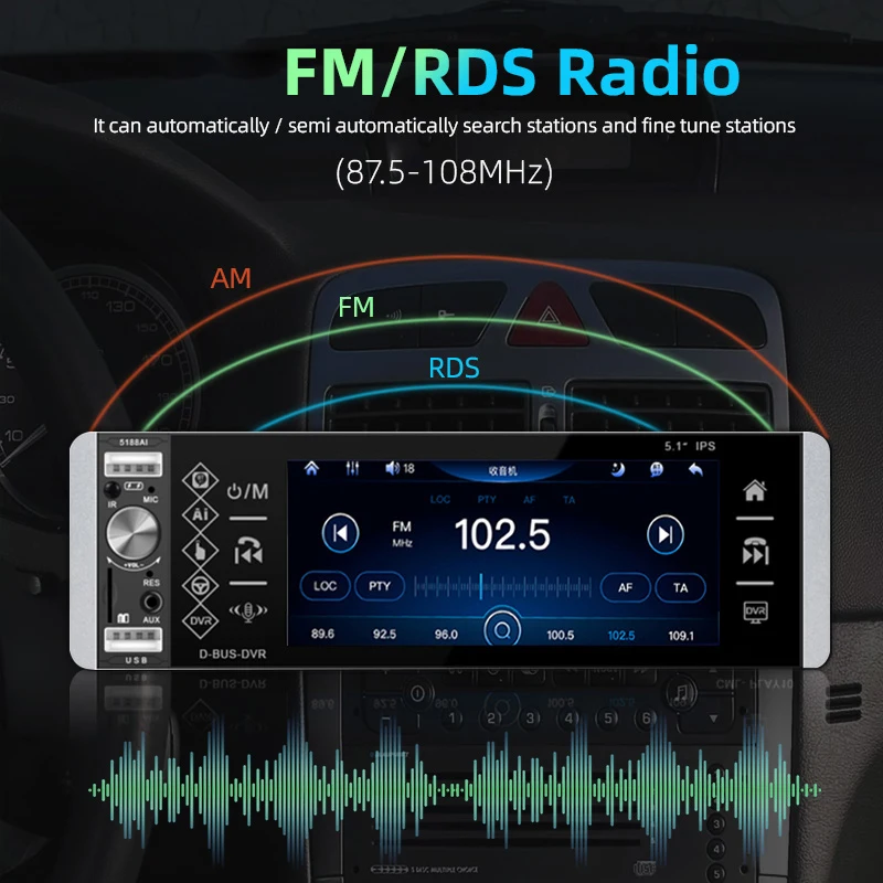 1 Din CarPlay MP5 Player 5.1'' Car Radio Android Auto Stereo Receiver AI Voice MP3 Car Multimedia Player Bluetooth FM RDS