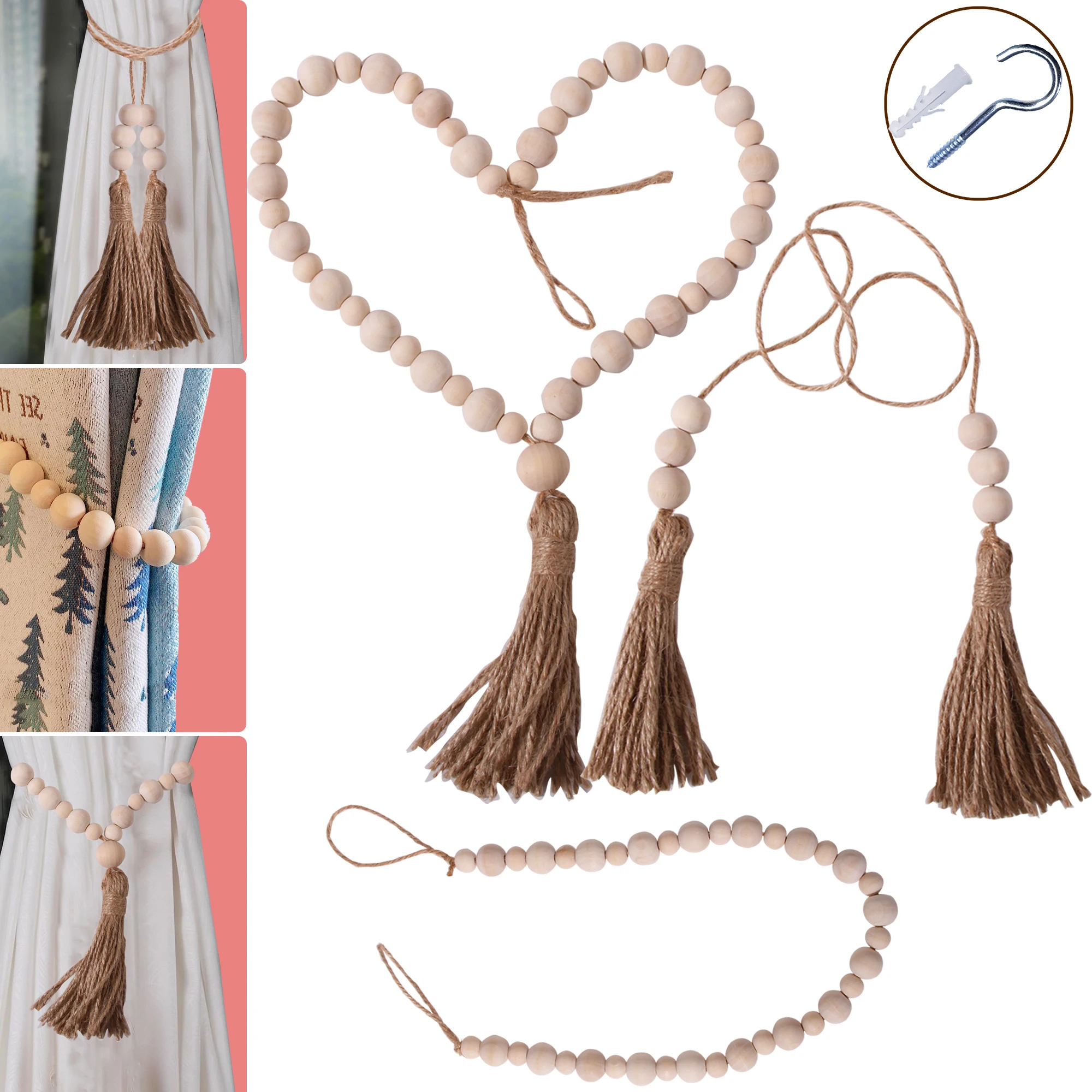 

Wood Bead Curtain Tiebacks Jute Tassels Wooden Beads Ties Rings For Curtain Drapes DIY Craft Window Farmhouse Decor