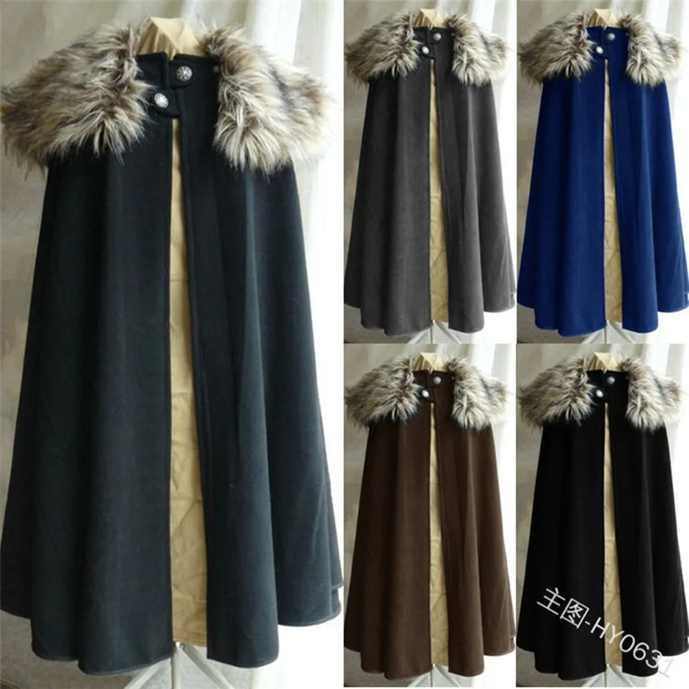 

Medieval Renaissance Men Pirate Coat Cloak Viking Fur collar Cape Retro Costume Plus Size Woolen blended Trench Windbreakers