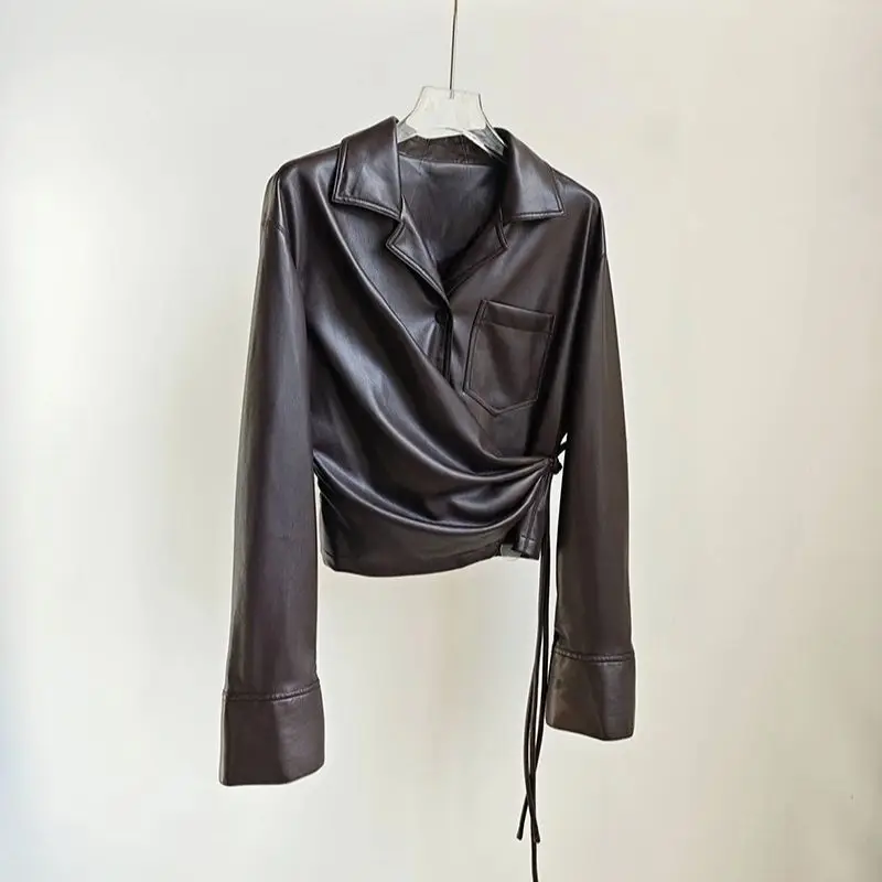 

Женская рубашка из искусственной кожи, однотонная супермягкая приталенная блузка в стиле пэчворк, уличная одежда