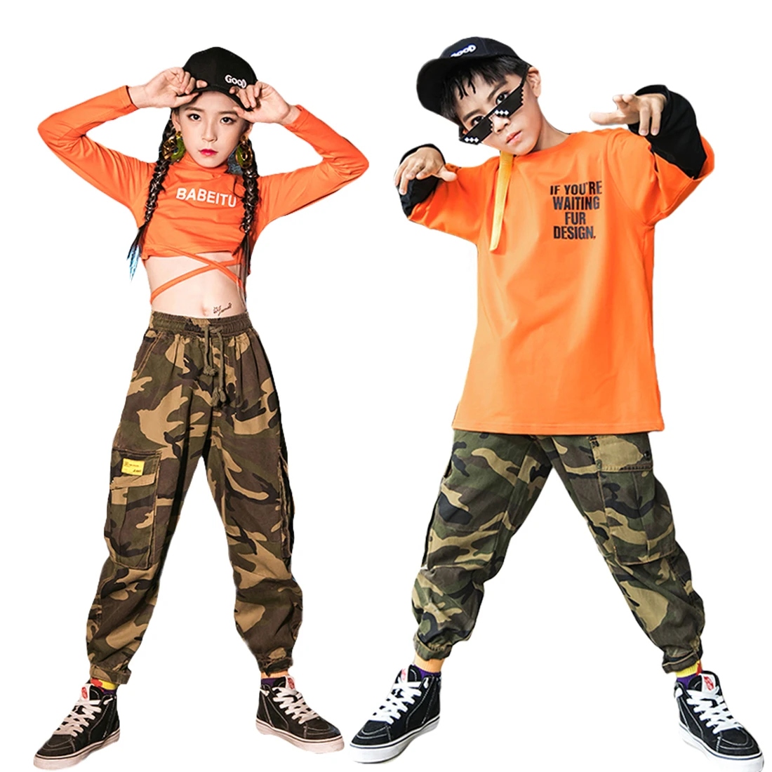 

New Cool Kids Hip Hop Stree Dance Clothes Girl Orange Crop Tops Boys Long Sleeve Tshirt Or Loose Jopping Pants Sport Wear