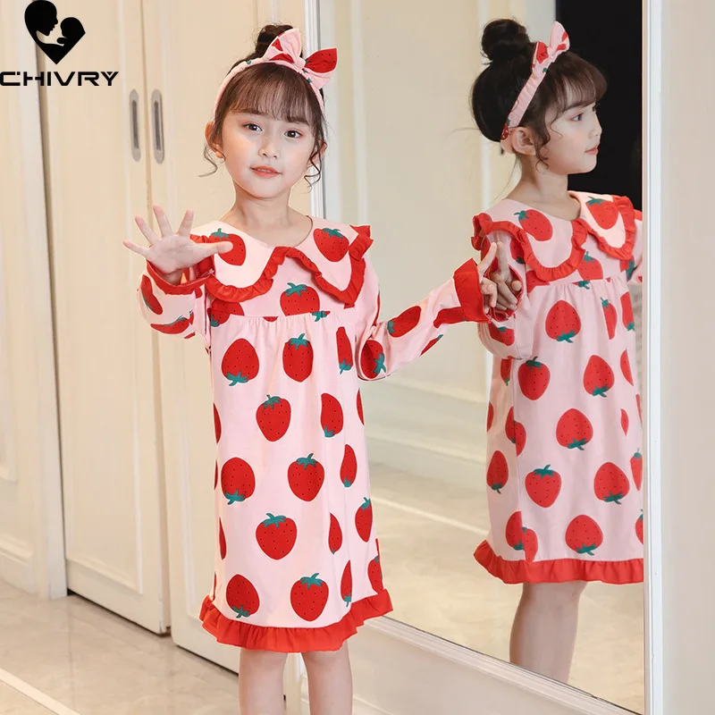 New Girls Fashion Nightgowns Spring Summer Long Sleeve Lapel Cartoon Sleepwear Pajamas Kids Girls Loose Sleeping Dress Homewear