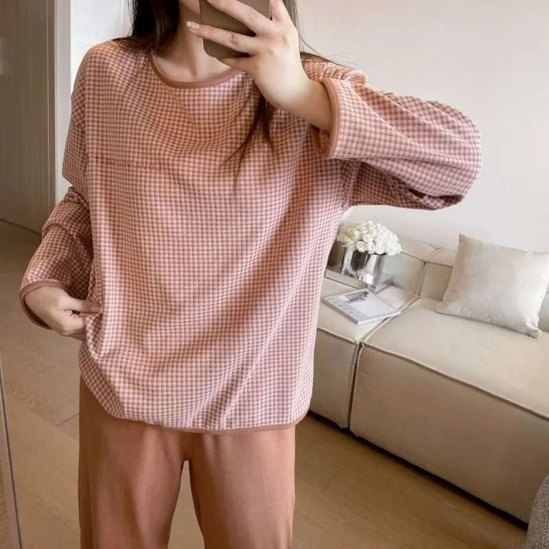 Women's Casual Pajamas Long-Sleeved Plaid Loose Fashion Pajamas Set Spring New Female Large Size Round Neck Homewear Suit 2024