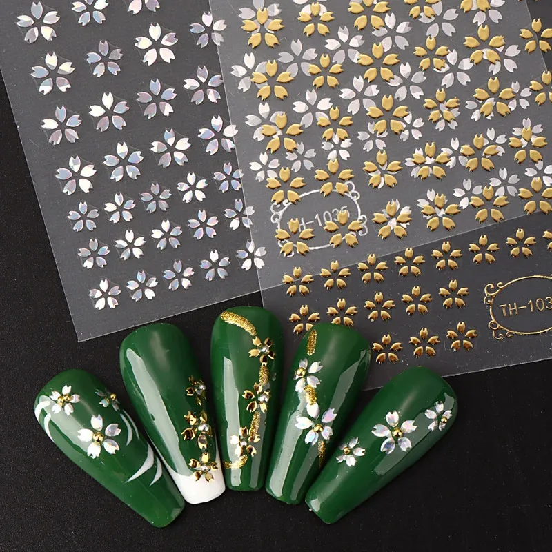 Nail Decoration 3DLaser Sakura Nail Stickers Holographic Laser Snake Pattern Slider Sakura Water Transfer Nail Decoration Set