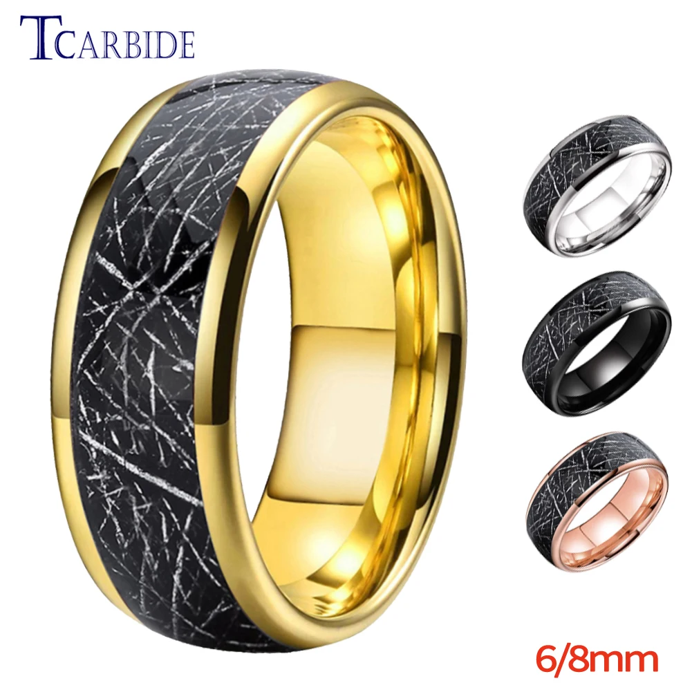 6MM 8MM Nice Tungsten Engagement Ring For Men Women Black Meteorite Inlay Trendy Gift Jewelry Comfort Fit professional black velvet series jewelry organizer holder wooden ring necklace bangle earring watch jewelry display storagestand