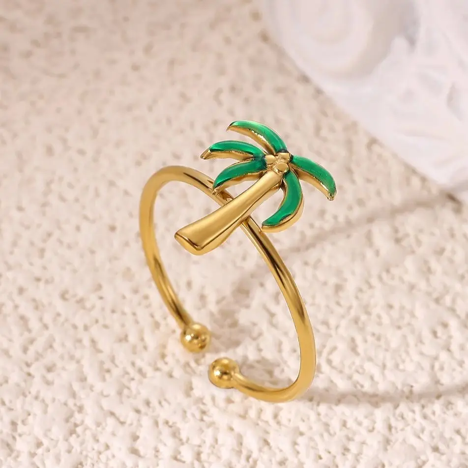 Green Enamel Palm Tree Ring Women 18K Gold Plated Stainless Steel Adjustable