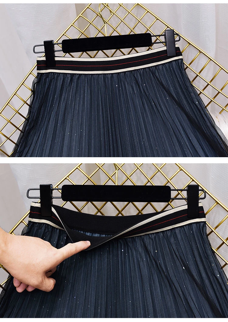 2021 New Spring Summer Autumn High Waist Sequin Half Length Skirt Pleated Skirt A-line Mesh Lady Girl golf skirt