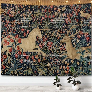 Tapisserie murale licorne médiévale suspendue, pour décoration de maison, peintures rétro Hippie, arrière-plan esthétique, méditation de Yoga 1