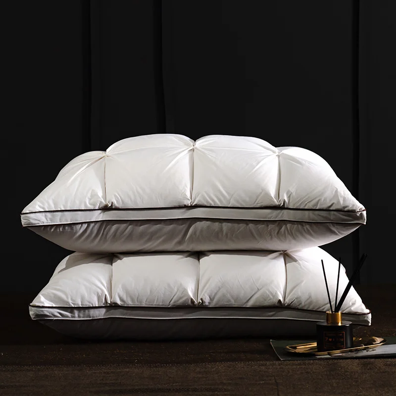 Luxury 2pcs Goose Down Feather Pillows 3D Bread Pleated Neck Protection 100% Cotton Cover Bed Pillow for Sleeping Hotel Quality 6