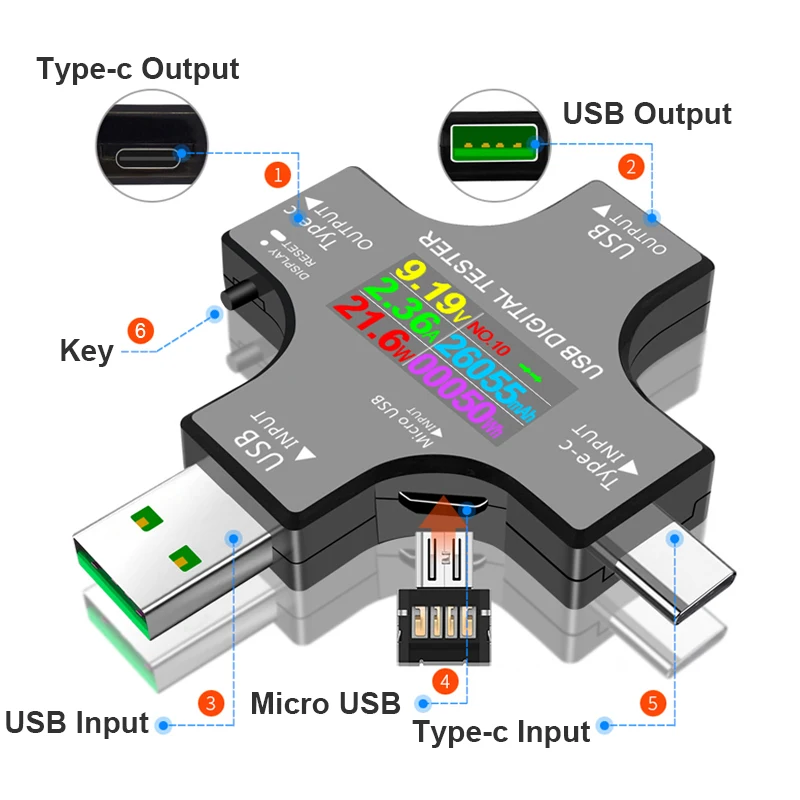 USB تستر TFT اللون بلوتوث نوع-C PD الفولتميتر الرق...