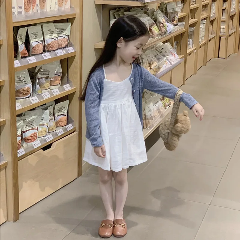 

Korean Style of Childrens Wear 2023 Summer New Girls Knit Cardigan Solid Color Skirt Sets Girls Cotton Sweet Clothes Sets