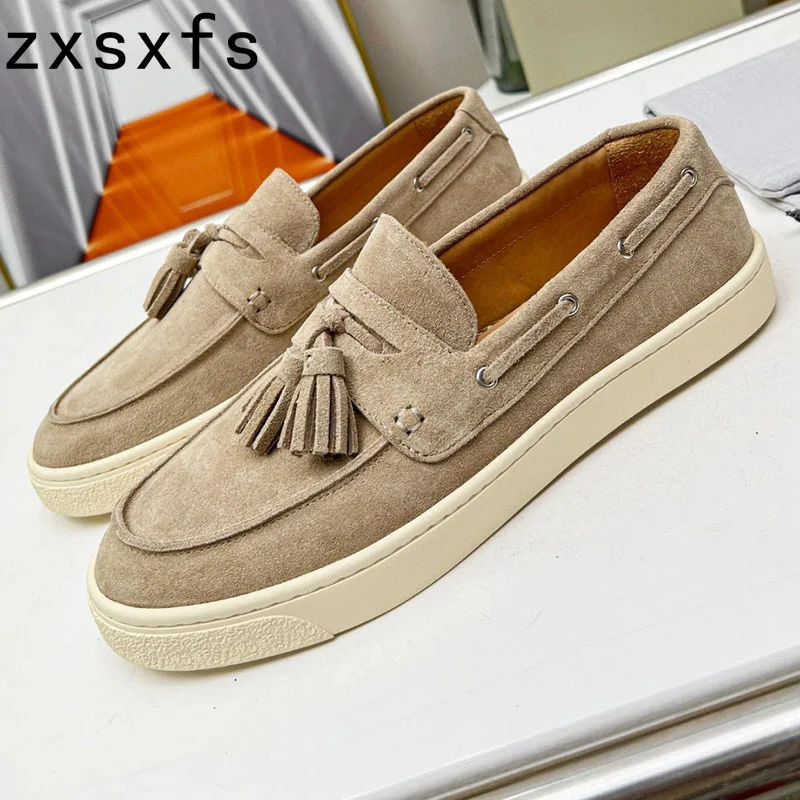 

New Spring Flat Causal Shoes For Men Cow Suede Leather Slip On Loafers Fringe Decor Brand Shoes Men Round Toe Male Shoes Size46