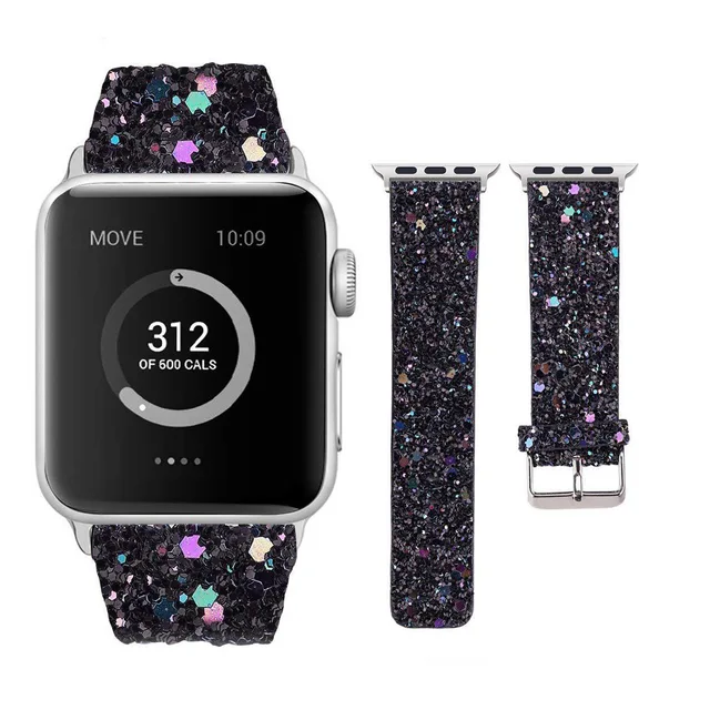 2021 Leather Band for Apple Watch 38mm 40mm Women Bling Diamond 42mm 44mm Genuine Shiny Glitter Strap IWatch Series 6 5 4 3 2 1 black 3