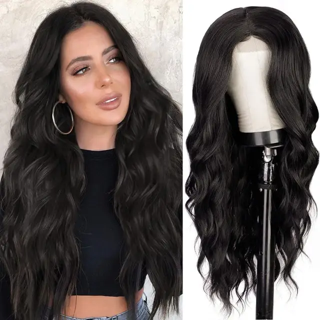 Synthetic Lace  Wigs For  Women  Middle Parting  26inch Long Wavy Hair Cosplay/Daily  3 Color optional   High Temperature Fiber 223-GXW10230-1B