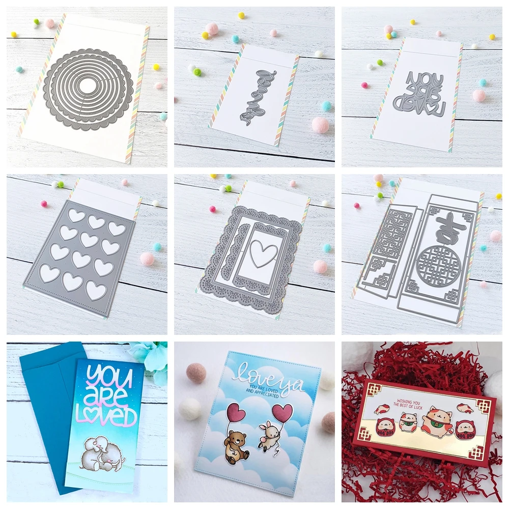 Traditional Chinese Love Heart Background Circle Metal Cutting Dies Cursive Words Dies DIY Scrapbooking Paper Card Crafting 1