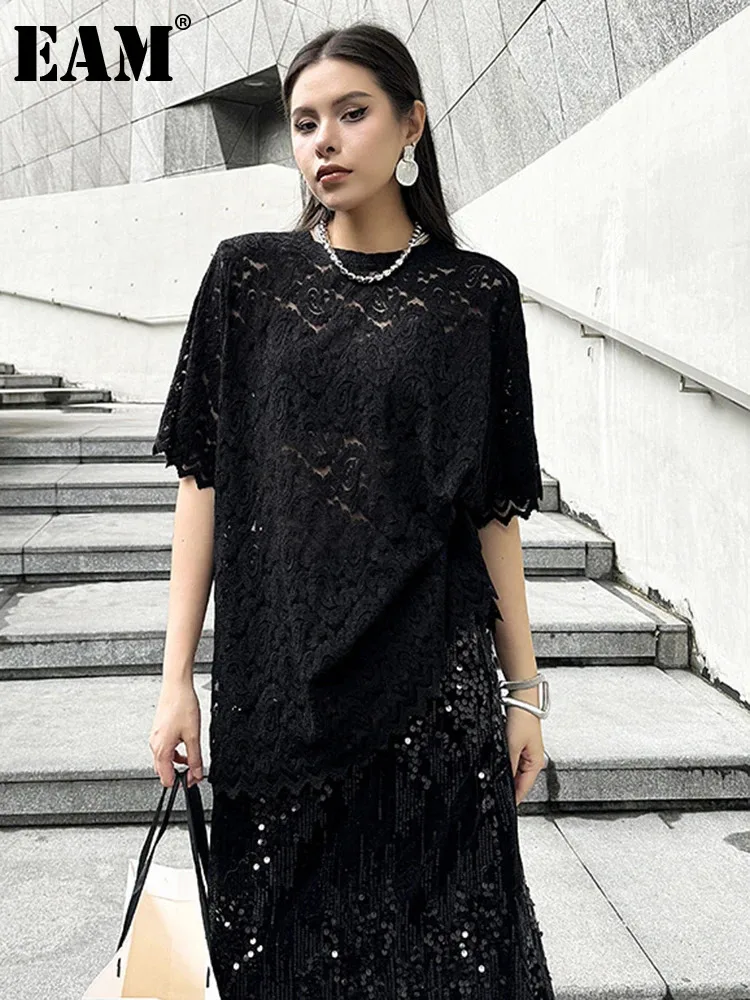 

[EAM] Women Black Lace Perspective Big Size Casual T-shirt New Round Neck Short Sleeve Fashion Tide Spring Summer 2024 1DH5145