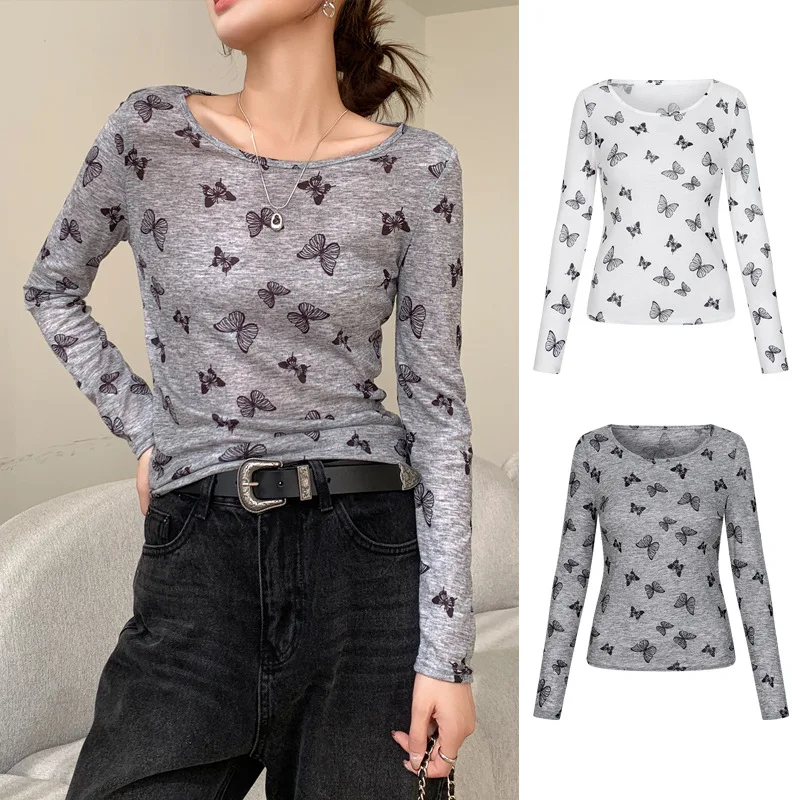 Women Butterfly Print Long Sleeve Slim Tshirts