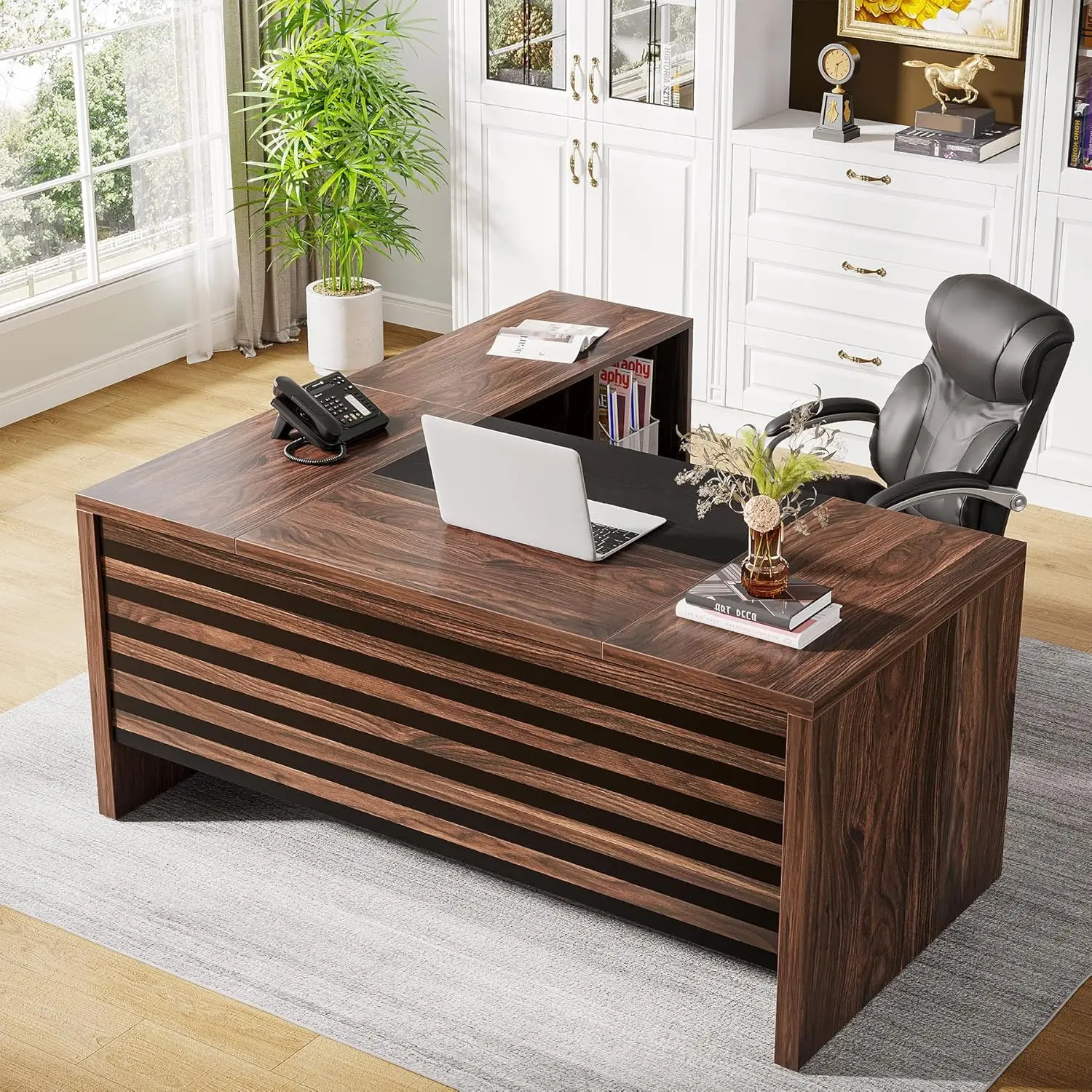62.2" Executive Desk with Mobile File Cabinet, L-Shaped Office Desk with Storage Shelves, Large Computer 4