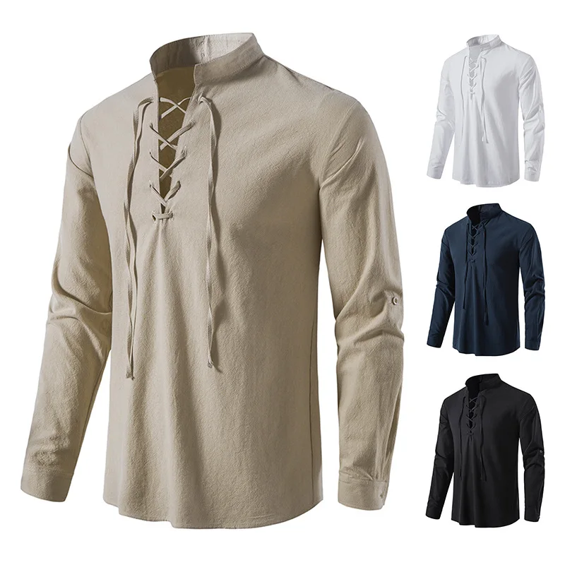

Mens Fashion Cotton & Linen Henry Shirt Stand Collar Long Sleeves Hippie Casual Beach Collar T-Shirt Black White Khaki Navy
