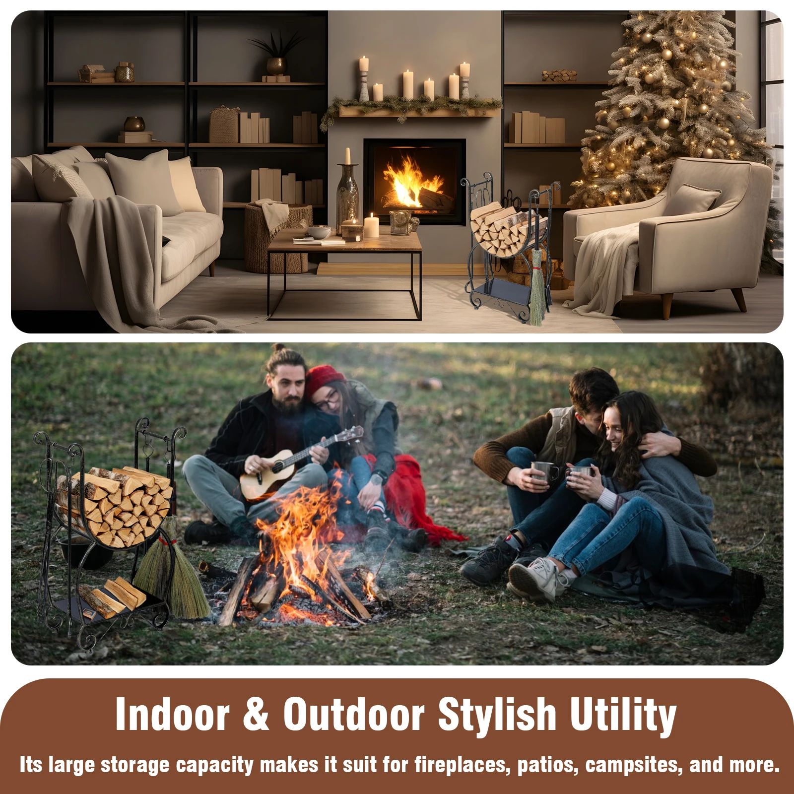 Metal Firewood Rack Set with 4 Fireplace Tools Fireside Wood Storage Organizer No Need To Install Firewood Rack for Camping