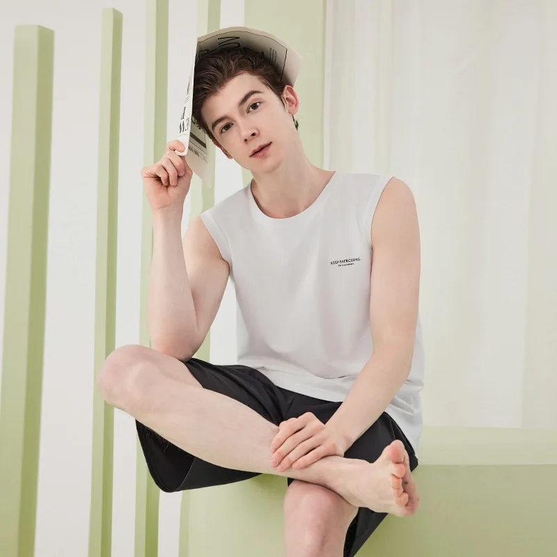 2 Pieces Set Shorts Nightwear Casual Sleepwear Mens Sleeveless Pajamas Set Cotton Cool Boy Homewear Can Be Worn Outside